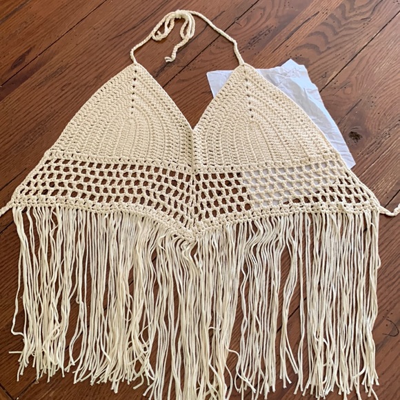 NEW! Boho Long Fringe Hem Crochet Backless Halter Top - Picture 8 of 9